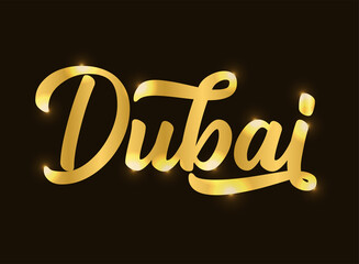 Hand sketched DUBAI word as banner or logo in gold. Lettering for header, label, flyer, poster, print, card, advertising