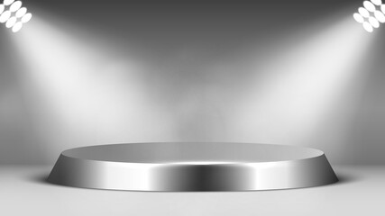 Metal podium and spotlights. Round glossy pedestal. Scene. Vector illustration.