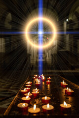 Concept occultism astrology magic. Candles burning in a dark church