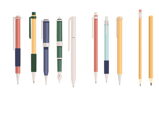 Collection of office or school supply pen and pencils flat vector illustration isolated on white background