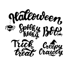 Hallowen quotes collection: Spooky kooky, Boo, Trick or treat, Creepy Crawly. Hand lettering for posters, greeting card, t-shirt prints. Halloween party 31 october