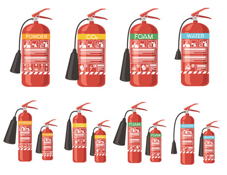 Set of different type and size fire extinguisher flat vector illustration isolated on white background fire safety first