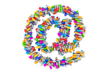 At sign, e-mail symbol from colored capsules. 3D rendering
