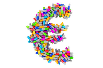 Euro symbol from colored capsules. 3D rendering