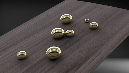 golden drops on walnut wood surface - 3D illustration