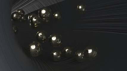 cracked golden atoms with light glowing streaming out of a tunnel - 3D illustration