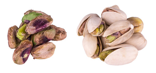 pistachios in shell and peeled without shell, stacked in small piles, isolated on white background, detailed texture of nut, macro photography
