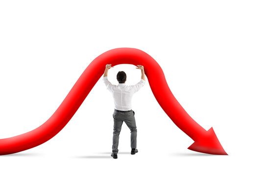 Businessman tries to improve company statistic with difficulty. Concept of failure and crisis