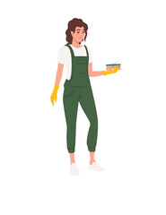 Professional cleaner woman wearing green uniform use yellow rubber gloves and sponge cleaning process cartoon character design flat vector illustration isolated on white background