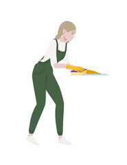 Professional cleaner woman wearing green uniform use yellow rubber gloves and sponge cleaning process cartoon character design flat vector illustration isolated on white background