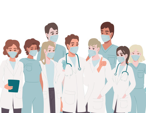 Characters of cute cartoon doctors and nurses wearing surgical face mask male and female medicine workers flat vector illustration