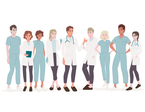 Characters of cute cartoon doctors and nurses male and female medicine workers flat vector illustration