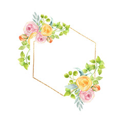 Watercolor illustration of gold frame and flowers.