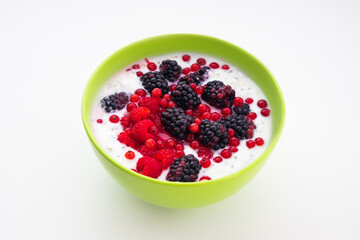 Healthy breakfast in a bowl with yogurt milk fresh fruits strawberries, raspberries, blackberries, seeds and muesli