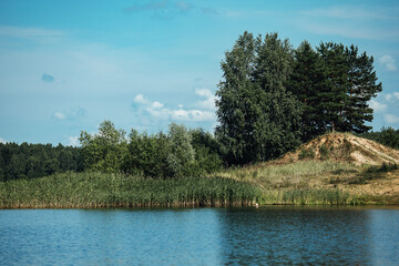 overgrown grassy shore, summer landscape with a calm river with water views of the lake and the shore from the water