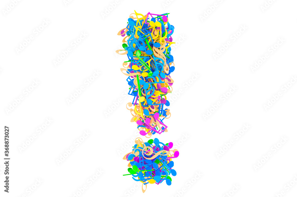 Poster exclamation mark from colored musical notes. 3d rendering