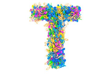 Letter T from colored musical notes. 3D rendering