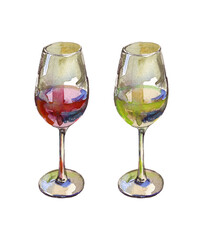Two wine glasses with red and white wine isolated on white. Watercolour illustration.