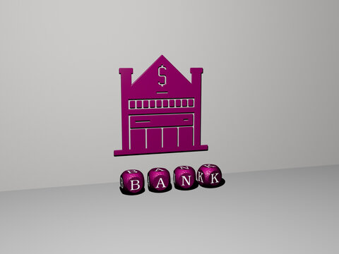 3D illustration of bank graphics and text made by metallic dice letters for the related meanings of the concept and presentations. business and background