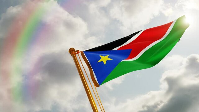 Flag of South Sudan Waving in the wind, Cloudy and Rainbow Background, Slow Motion, Realistic Animation, 4K UHD 60 FPS Slow-Motion