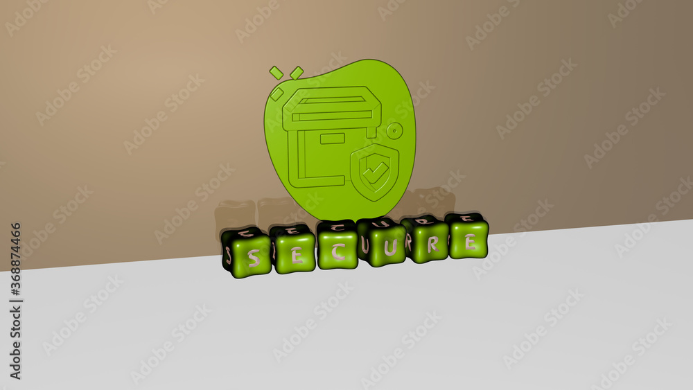 Poster 3d representation of secure with icon on the wall and text arranged by metallic cubic letters on a m