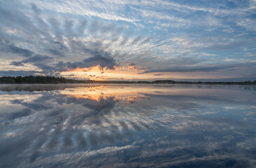 Sunrise rose-pink light in raised bog. Kakerdaja raised bog wetland in Estonia. Sunset glow over marsh hollows.  Symmetry created by reflection of trees and colorful clouds in moorland lake.
