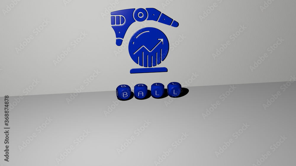 Poster 3d graphical image of ball vertically along with text built by metallic cubic letters from the top p