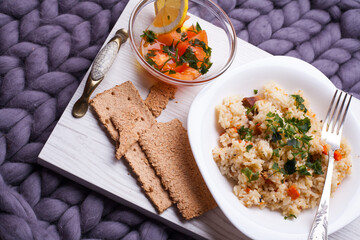 A plate of food with rice and vegetables