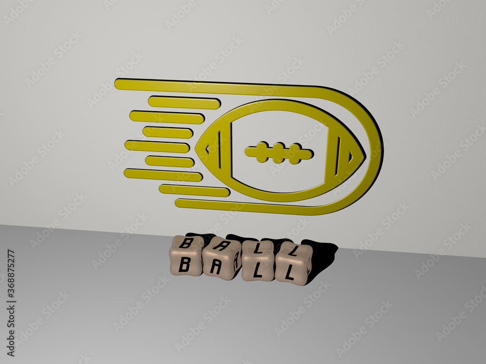 Poster 3d representation of ball with icon on the wall and text arranged by metallic cubic letters on a mir