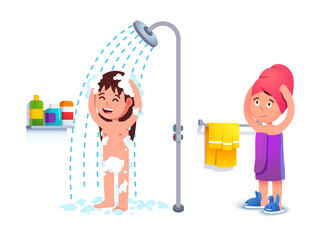 Little girl taking shower. Kid using towel