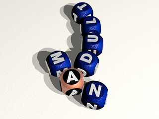 crosswords of adult man arranged by cubic letters on a mirror floor, concept meaning and presentation. background and woman