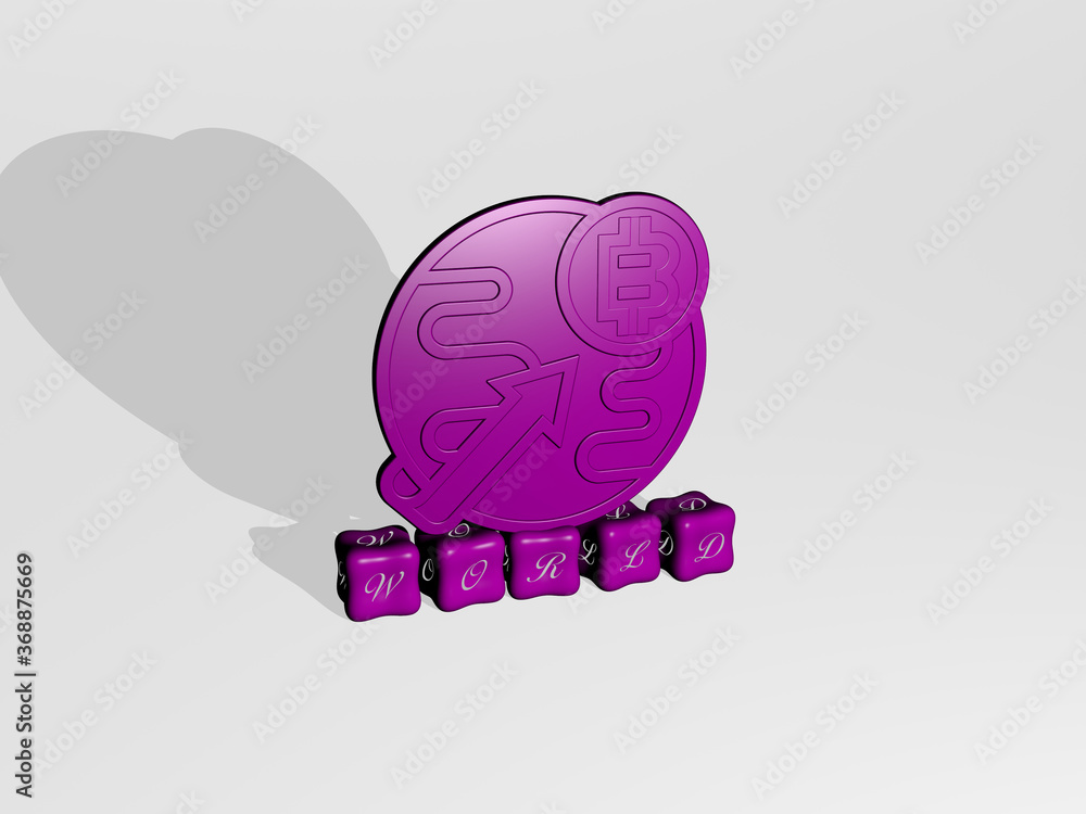 Poster 3d representation of world with icon on the wall and text arranged by metallic cubic letters on a mi