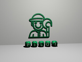 3D representation of PILOT with icon on the wall and text arranged by metallic cubic letters on a mirror floor for concept meaning and slideshow presentation. airplane and aircraft