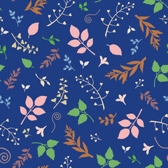 Fototapeta na wymiar Vector seamless floral pattern with colorful leaves on a blue background.