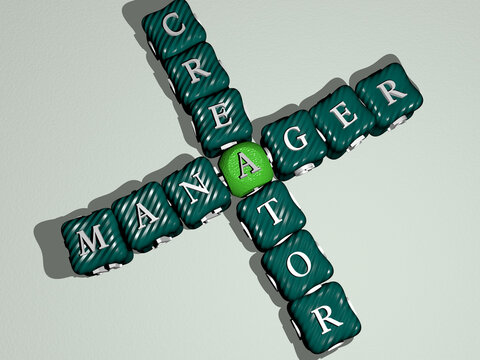 manager creator combined by dice letters and color crossing for the related meanings of the concept. business and businessman