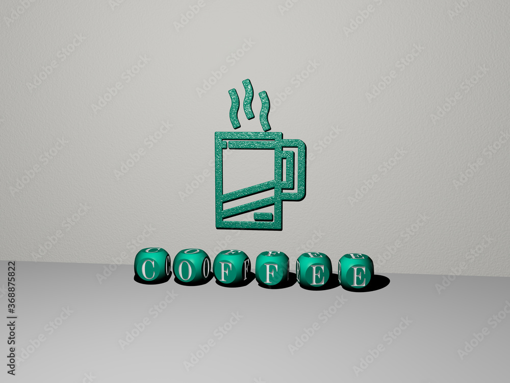 Poster 3d representation of coffee with icon on the wall and text arranged by metallic cubic letters on a m