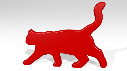 cat from a perspective with the shadow. A thick sculpture made of metallic materials of 3D rendering. animal and illustration