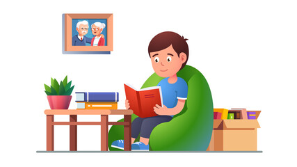 Kid reading book sitting on bean bag chair