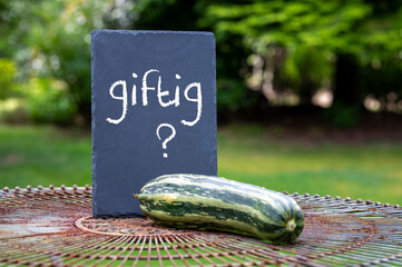 A zucchini fruit in front of a slate with the German text 