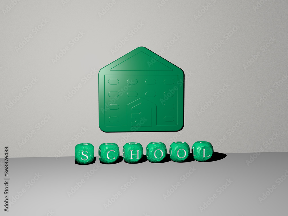 Aufkleber 3d representation of school with icon on the wall and text arranged by metallic cubic letters on a m