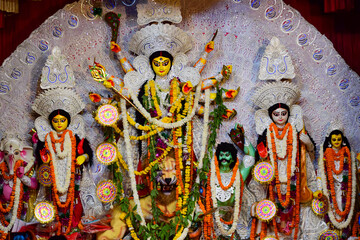 Goddess Durga with traditional look in close up view at a South Kolkata Durga Puja, Durga Puja...