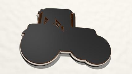 TRACTOR on the wall. 3D illustration of metallic sculpture over a white background with mild texture. agriculture and agricultural