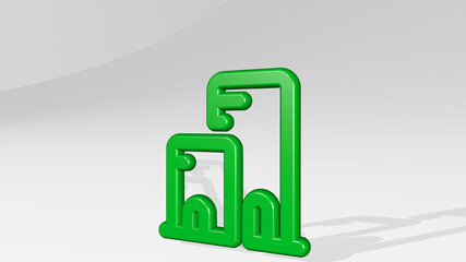 BUILDING MODERN made by 3D illustration of a shiny metallic sculpture with the shadow on light background. architecture and city