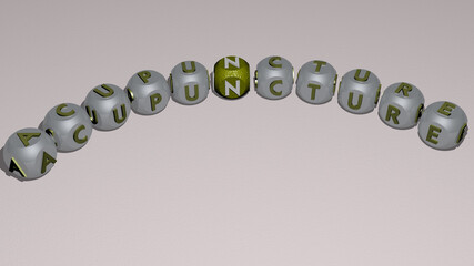 crosswords of ACUPUNCTURE arranged by cubic letters on a mirror floor, concept meaning and presentation. alternative and illustration