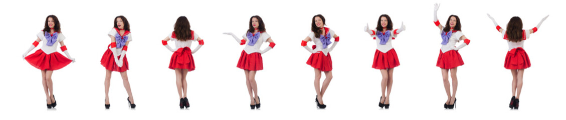 Female model wearing red dress isolated on white