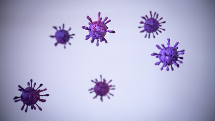 
Representation of the covid-19 virus or coronavirus, blue, purple, pink spheres, with growths