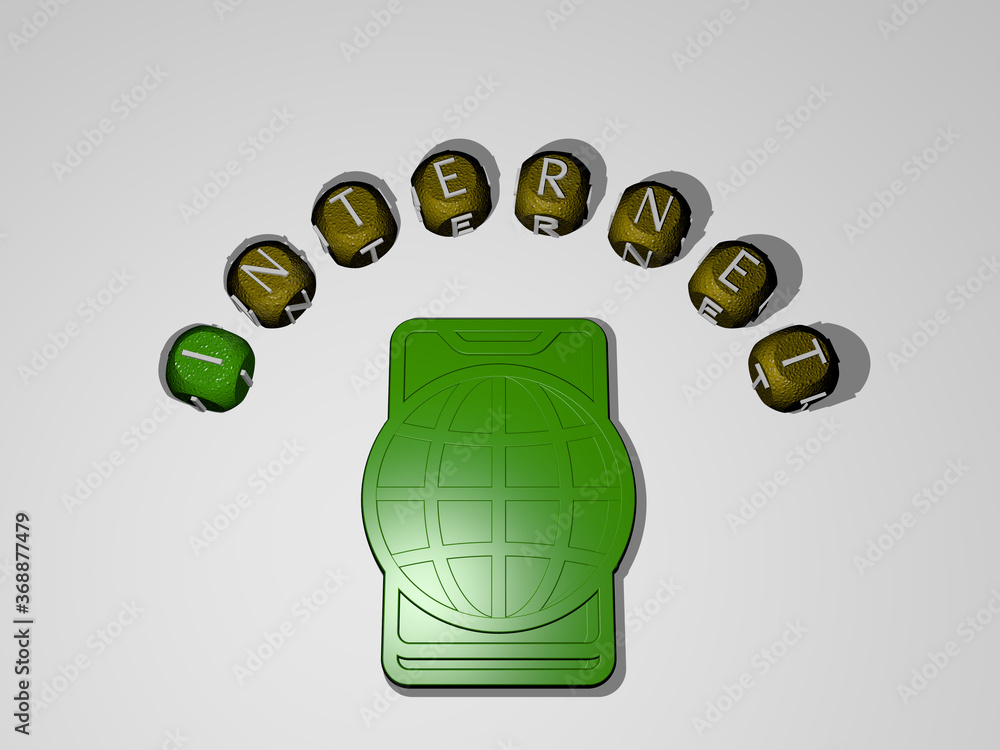 Fototapete 3d illustration of internet graphics and text around the icon made by metallic dice letters for the 