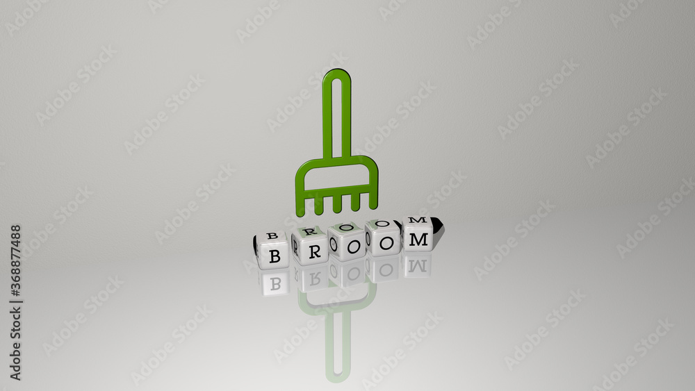 Poster 3d graphical image of broom vertically along with text built by metallic cubic letters from the top 