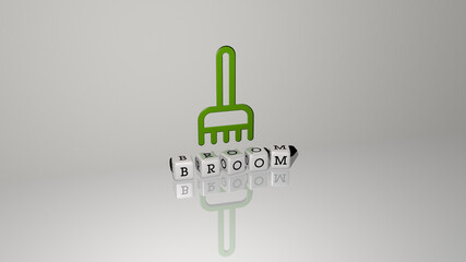 3D graphical image of BROOM vertically along with text built by metallic cubic letters from the top perspective, excellent for the concept presentation and slideshows. illustration and background