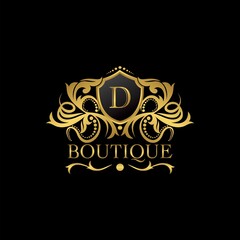 Golden Luxury Boutique D Letter Logo template in vector design for Decoration, Restaurant, Royalty, Boutique, Cafe, Hotel, Heraldic, Jewelry, Fashion and other illustration